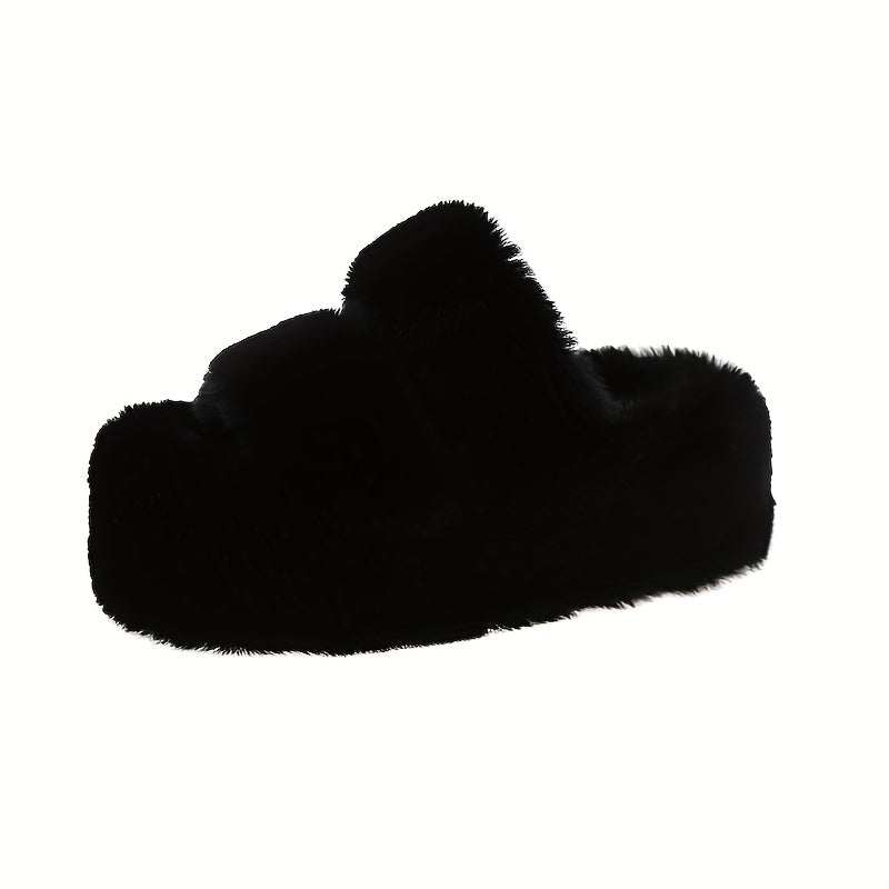 Women's Plush Fleece-Lined Slip-On Slippers with 2.76inch Thick TPU Sole - Cozy Winter Indoor House Shoes in Black, Light Blue, Beige & Brown, Comfortable Loungewear | Casual Slipon | Soft Fabric Construction, House Slippers